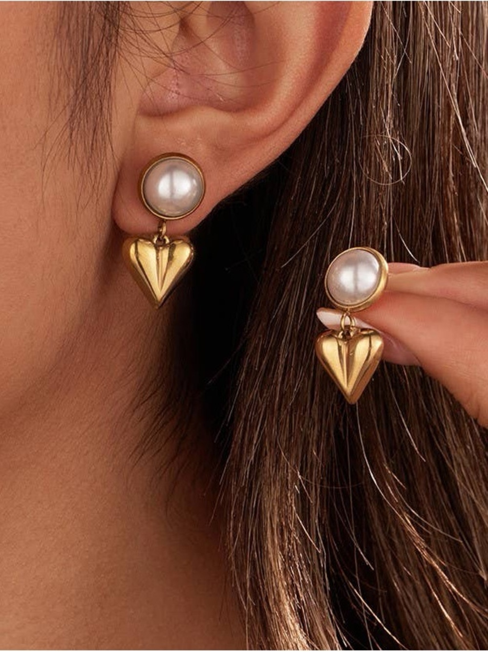 Water Proof Tarnish Free Heart Drop Earrings with Pearl Accent - Women